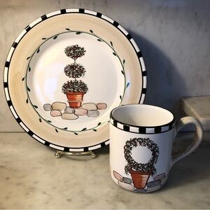 VESPUCCI 1995 Hand Painted Plate & Mug Deruta Topiary Vintage Italian